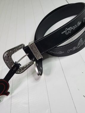True Religion Black Men's 36 Embroidered Leather Belt with Silver Western Buckle